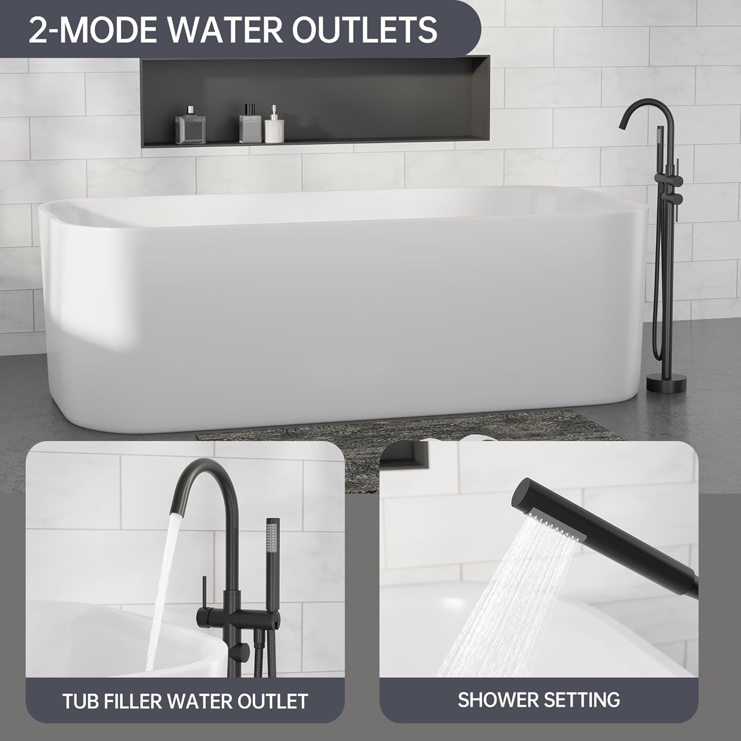 SUPERFLO Free Standing Tub Faucet Matte Black Freestanding Bathtub Faucet, Freestanding Tub Fillers Brass Standing High Flow Shower Faucets, Swivel Gooseneck Spout with Cylinder Handheld