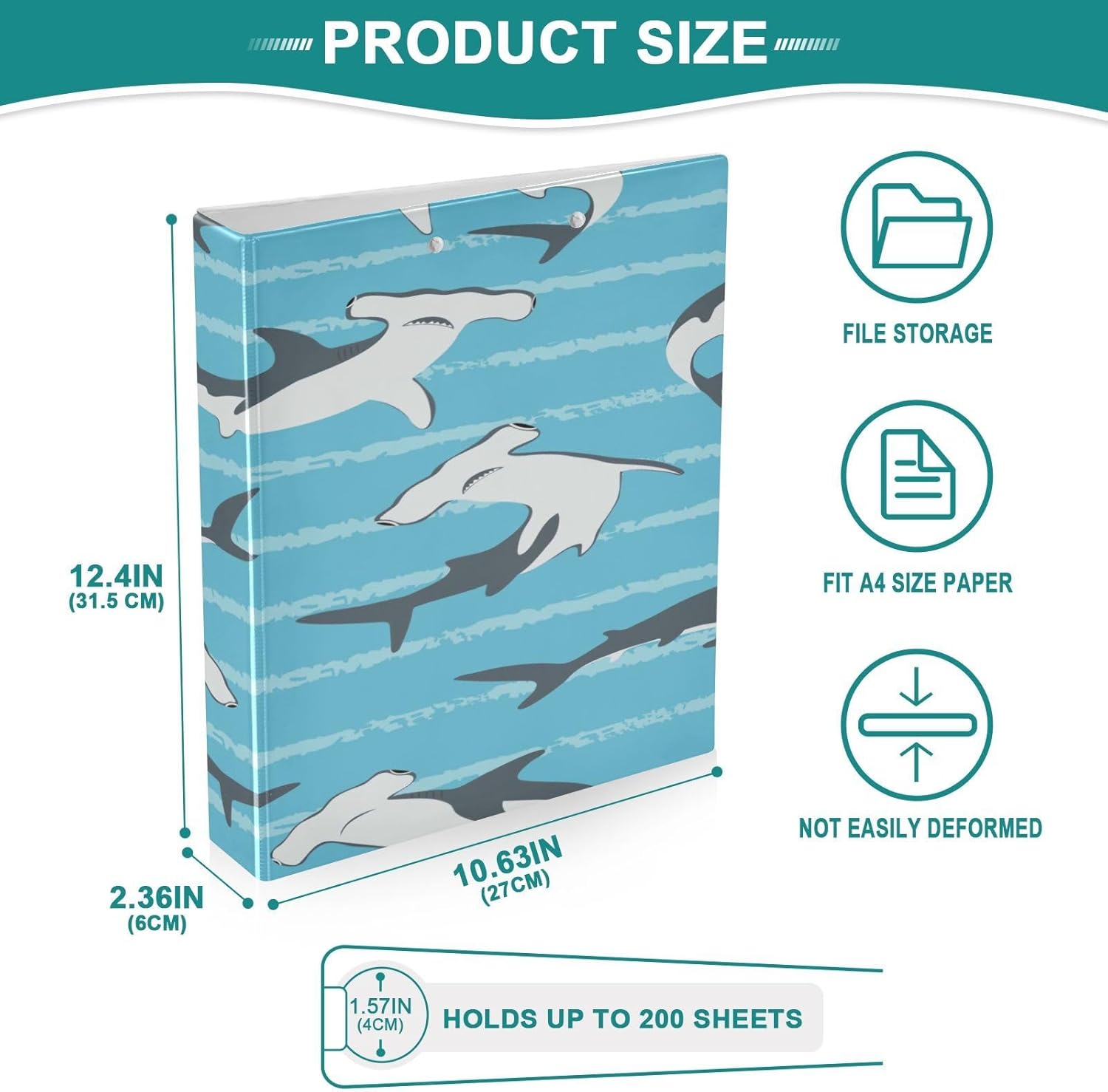 Hammerhead Shark Sea Animal Decorative 3 Ring Binder 1.5 Inch Large View Binders with Pockets Holds 200 Sheets File Organizer for Office College School, 1 Pack