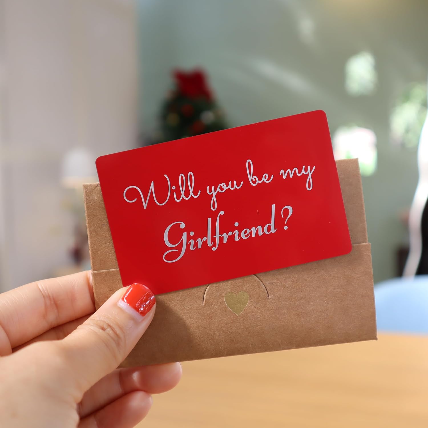 Will You Be My Girlfriend? Red Romantic proposal card with brown Envelope, Quality Aluminum card, Simple and Powerful Card (Natural Brown)