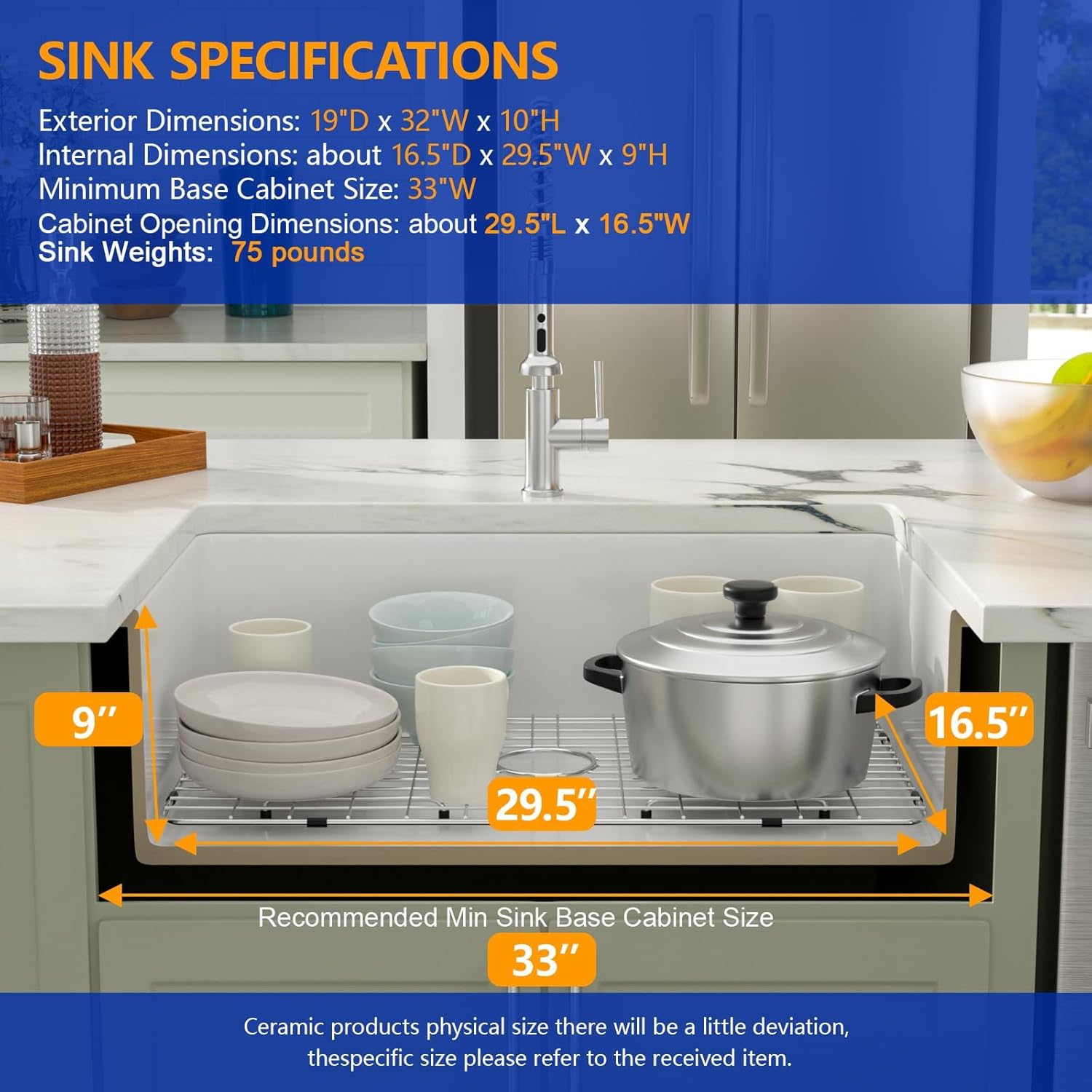 Dcolora 32" White Undermount/Drop In Kitchen Sink Fireclay Porcelain White Ceramic Dual Mount Single Bowl Sinks, Round Corner 32"x19"x10", DC-U7737