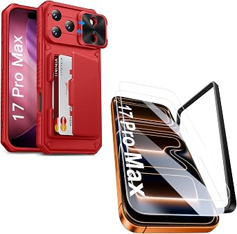 Vihibii for iPhone 17 Pro Max Case with Card Holder & Screen Protector [2 Pack] & Slide Camera Cover, Bulit-in 9H Hardness Tempered Glass Film with Easy Installation Tool for iPhone 17 Pro Max, Red