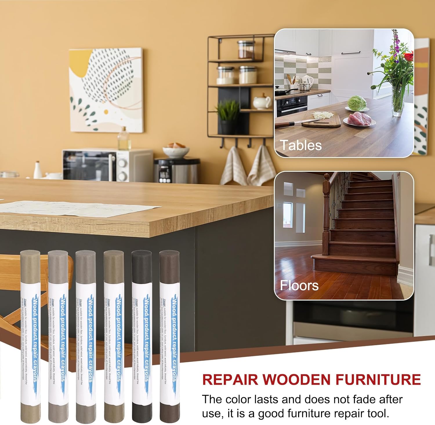 HARFINGTON Wood Filler Sticks 6 Colors Wooden Wax Touch Up Furniture Repair Crayons for Medium Brown 4-9
