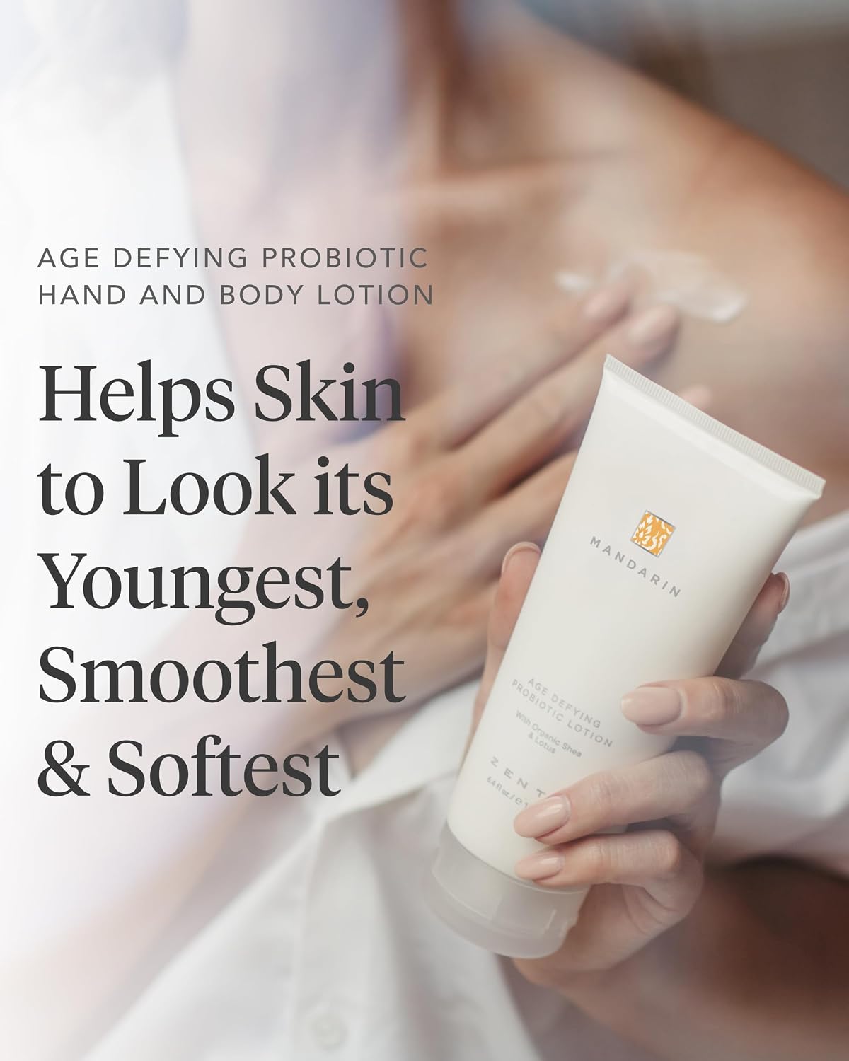 Zents Age-Defying Probiotic Body & Hand Lotion (Mandarin) | Moisturizing Lotion with Hyaluronic Acid & Organic Shea Butter | Nourishes & Hydrates Skin | 6.4 fl oz