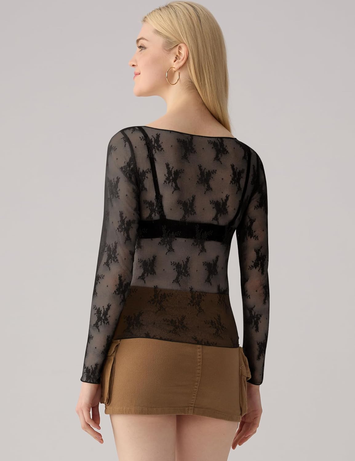 KTILG Womens Lace Long Sleeve Boat Neck Tops Sheer Blouse Sexy See Through Shirt Mesh Top S-XXL - Image 4