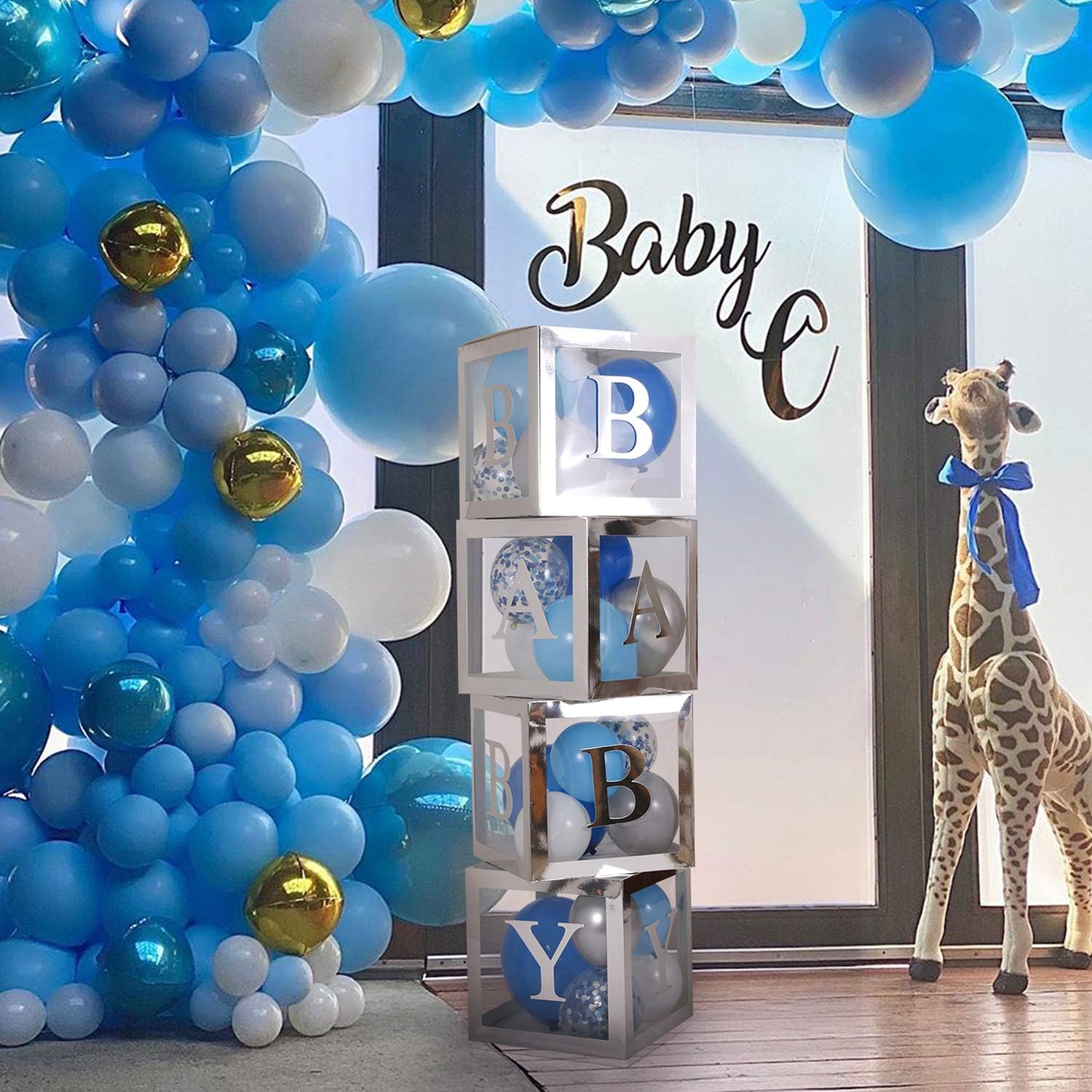 Baby Shower Decorations for Boy, Silver Transparent Boxes Includes 45Pcs Baby Blue Silver Grey Balloons for 1st Birthday Party, Elephant Baby Shower Boy, Pregnancy Announcements Party DecorationS