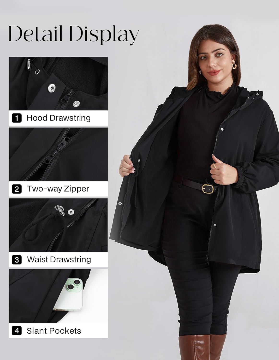 Hanna Nikole Women's Long Rain Jacket Plus Size Fleece Lined Waterproof Hooded Rain Coat Lightweight Pockets Windbreaker Trip - Image 5