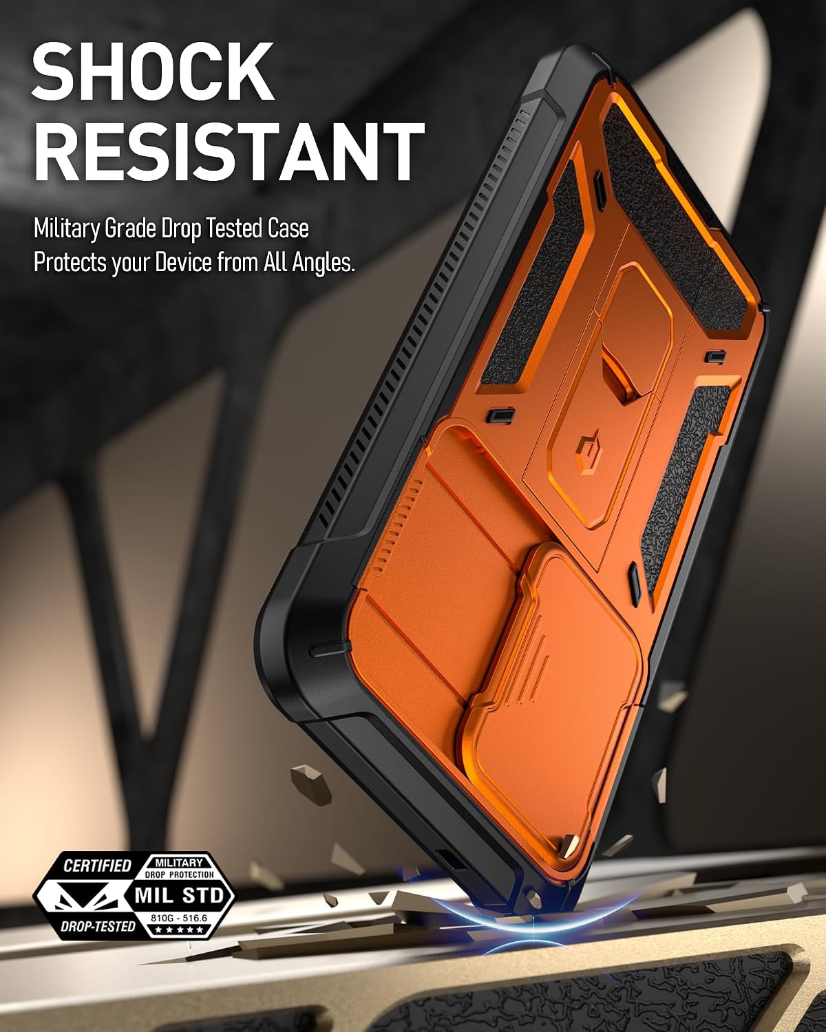 Poetic Spartan Case for Galaxy S25 6.2", [Slide Camera Cover] [Screen Protector Works with Fingerprint ID] Military Grade Rugged Shockproof S25 Phone Case with Kickstand, Metallic Orange