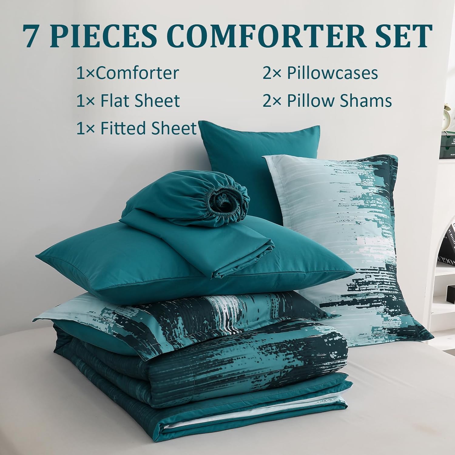 WONGS BEDDING Comforter Set Queen,Teal Green 7 Pieces Bed in a Bag Colorful Abstract Art Gradient Comforter Soft Microfiber Bedding Set with Comforter,Flat Sheet,Fitted Sheet,Pillow Shams,Pillowcases - Image 7