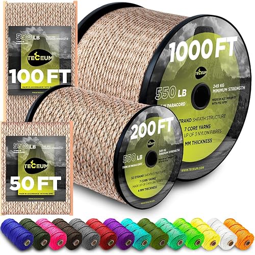 TECEUM 5/32" Paracord Rope 1000 – 1000ft / 200ft / 100ft / 50ft – Tactical Parachute Cord 4mm – 45+ Colors – Nylon String for Survival & Camping Gear – Stripe Cord for Survival – Utility Rope
