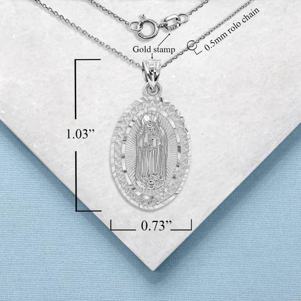 Solid 10K White Gold Our Lady of Guadalupe Miraculous Immaculate Conception Oval Medal Pendant Necklace - Choice of Pendant Only or Chain Length
