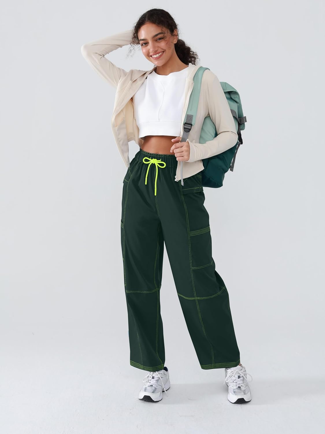 Women’s Hiking Cargo Pants – Lightweight Wide Leg Outdoor Pants with 5 Pockets, High Waisted Drawstring Streetwear