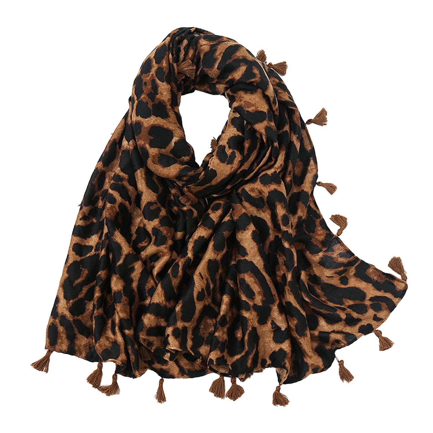 1 Brown Leopard Print Scarf, Soft Tassel Shawl, Women'S Warm Scarf, Multifunctional Silk Scarf, Long Scarf, Clothing Accessories