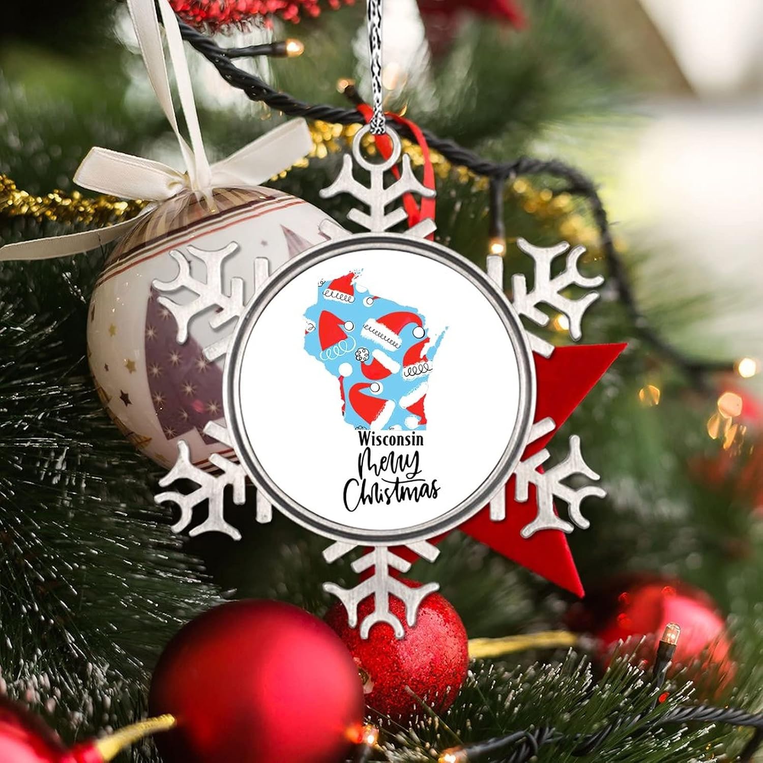 Snowflake Ornaments Wisconsin Home State Personalized Christmas Ornaments 2022 Merry Christmas Ornaments for Christmas Trees Metal Souvenir Xmas Tree Hang Pendant Exchange Long Distance Gift 3 Inch