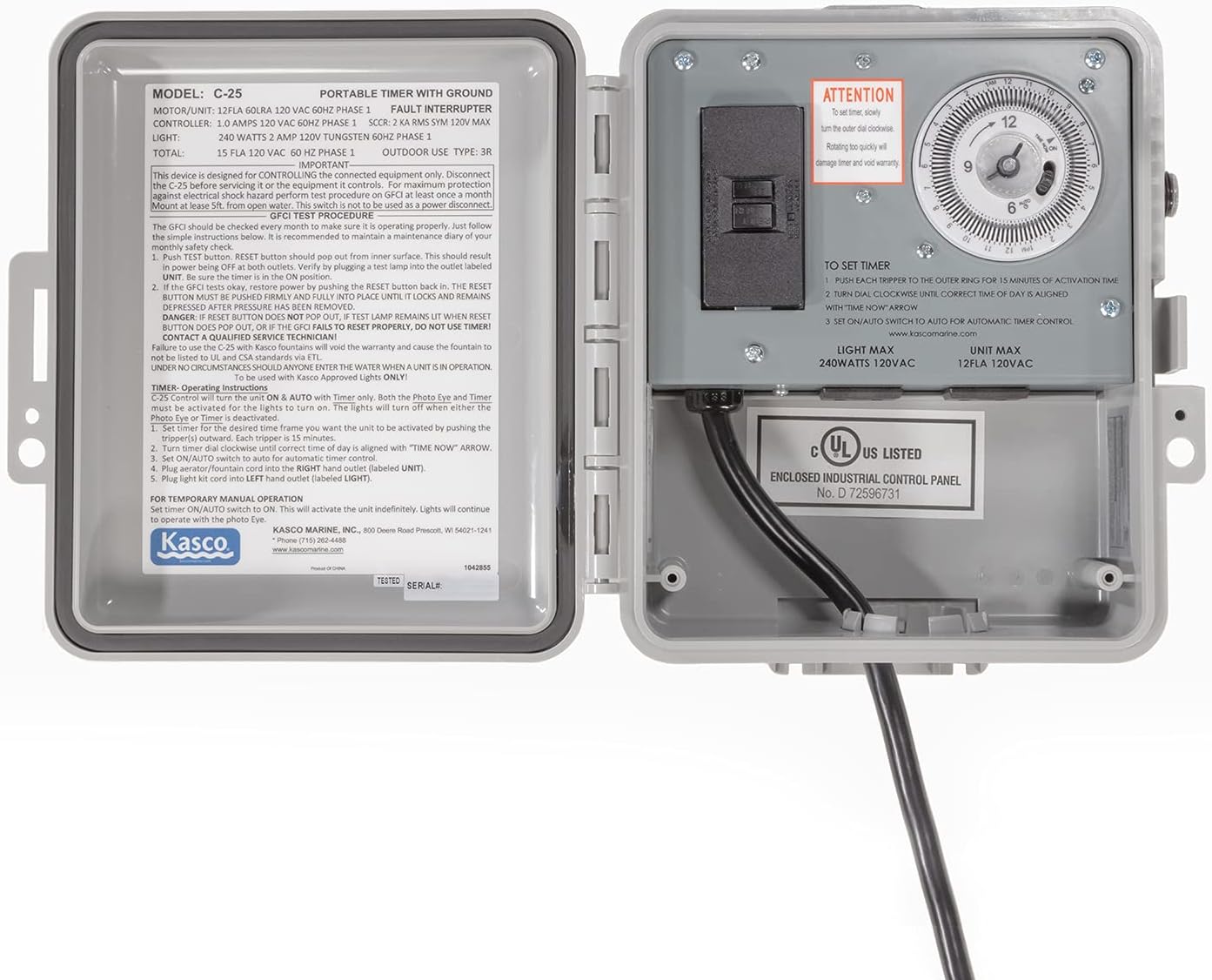 Kasco C-25 Control Panel for 1/2-1HP Fountains, Circulators, and Surface Aerators - 120V, 15 Amps – Unit NOT Included