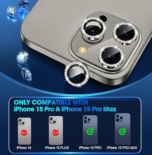 Miniatura 9 de Xfilm Protector de lente de cámara para iPhone 15 ProiPhone 15 Pro Max, anillo de purpurina de metal individual con purpurina de dureza 9H,