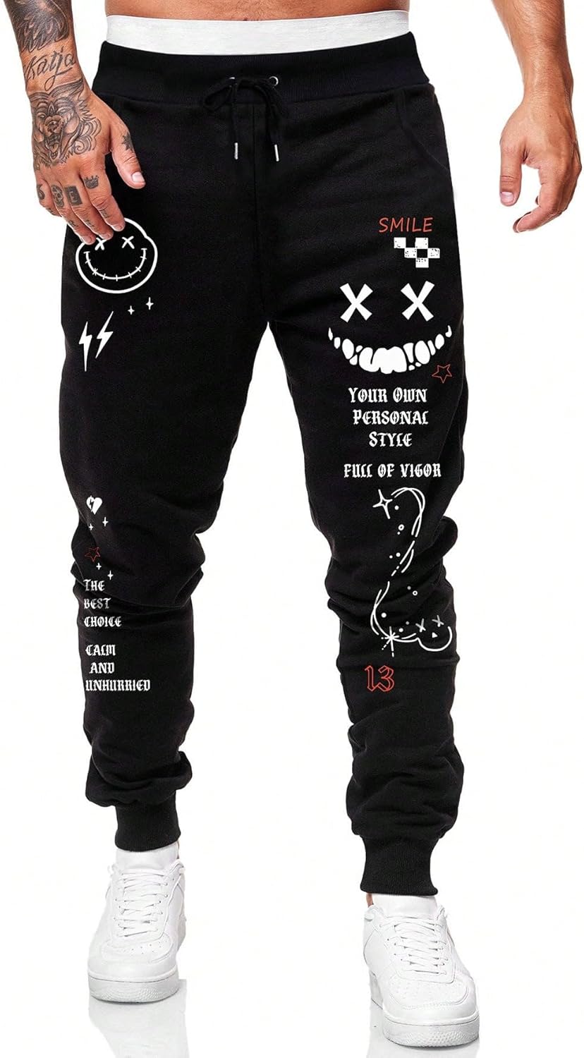 WDIRARA Men's Graphic Print Knot Front Sweatpants Drawstring Elastic Waist Trousers with Pockets - Image 3