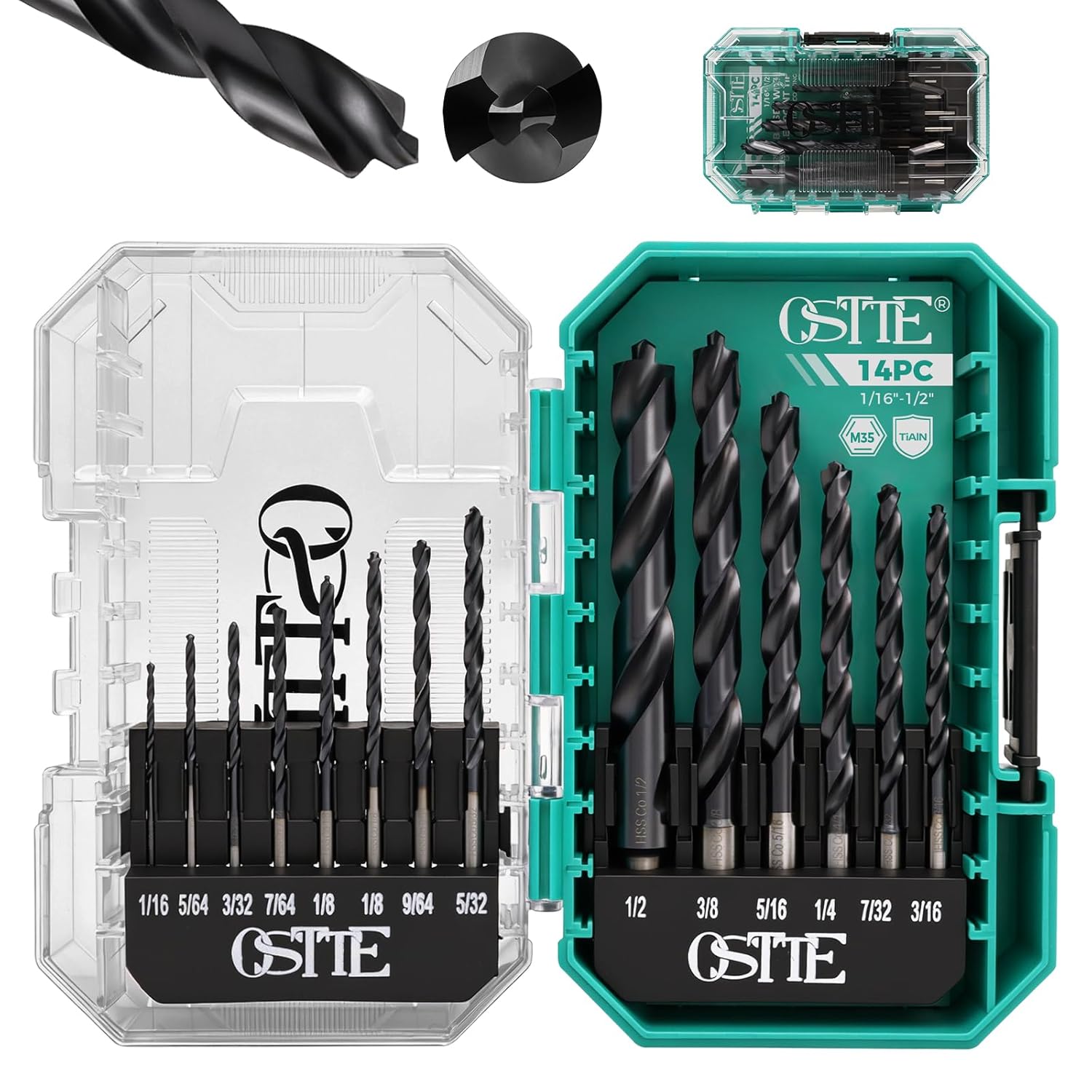 14 Pcs Cobalt Drill Bit Set (Pro), M35 Cobalt Drill Bit with Bullet Point Tip, Titanium Aluminum Nitride Coated (TiAlN), 3-Flats Shank, for Hardened Metal, Stainless Steel, Plastic, 1/16" - 1/2"