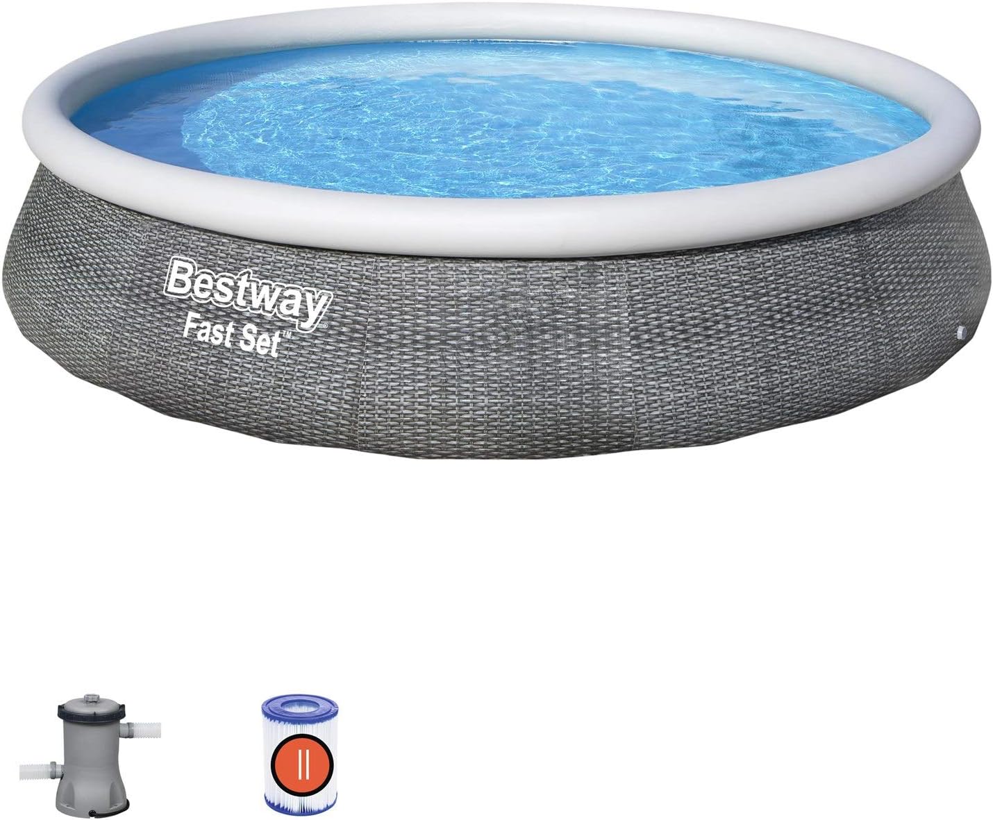 KMS BestWay 13' x 33" Family Garden Outdoor Swimming Pool Fast Set Round Above Ground Rattan Print With Filter Pump 57376 New