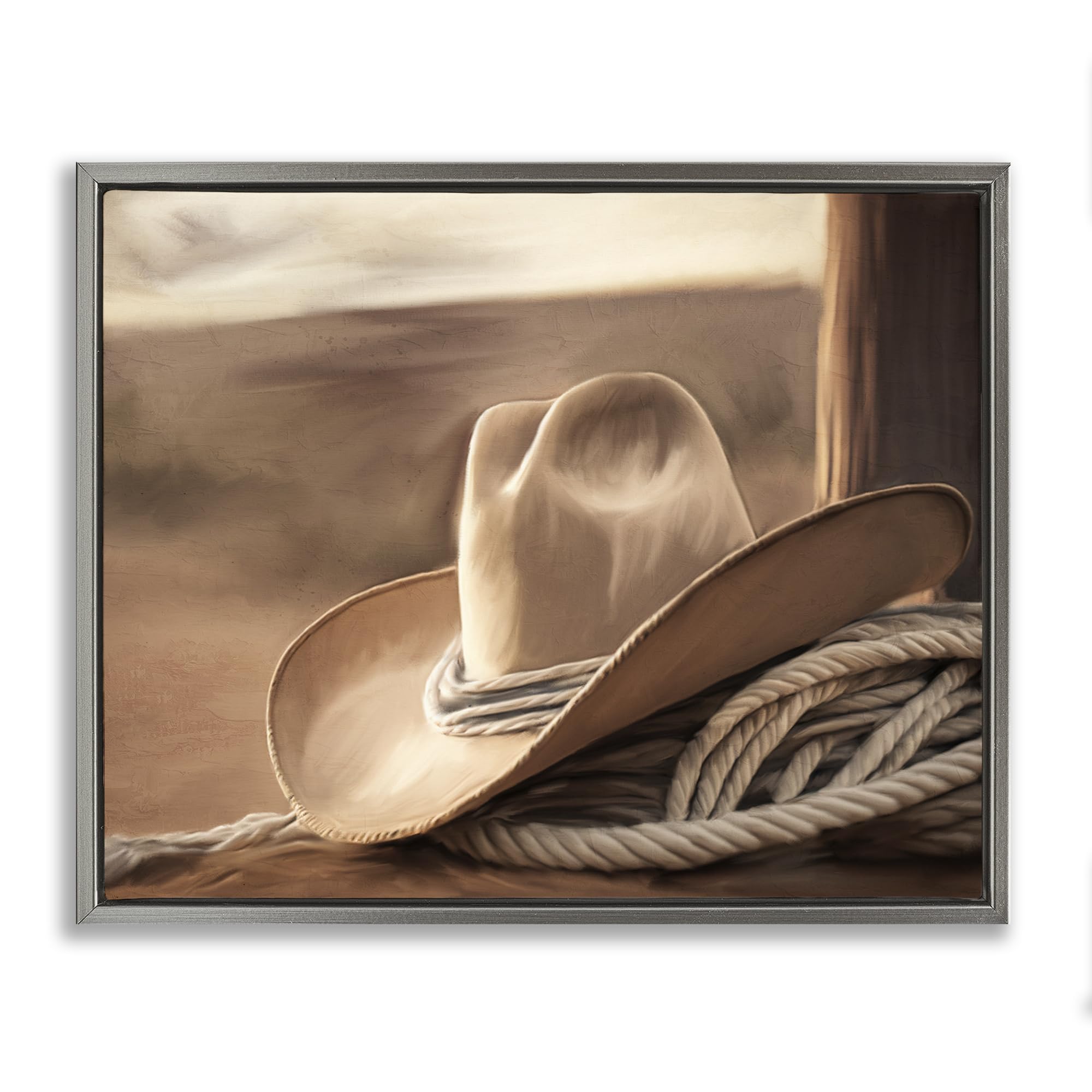 Stupell Industries Luster Gray (Matte) Western Cowboy Hat Rustic Landscape, 24 X 30 Inch Canvas In Floater Frame