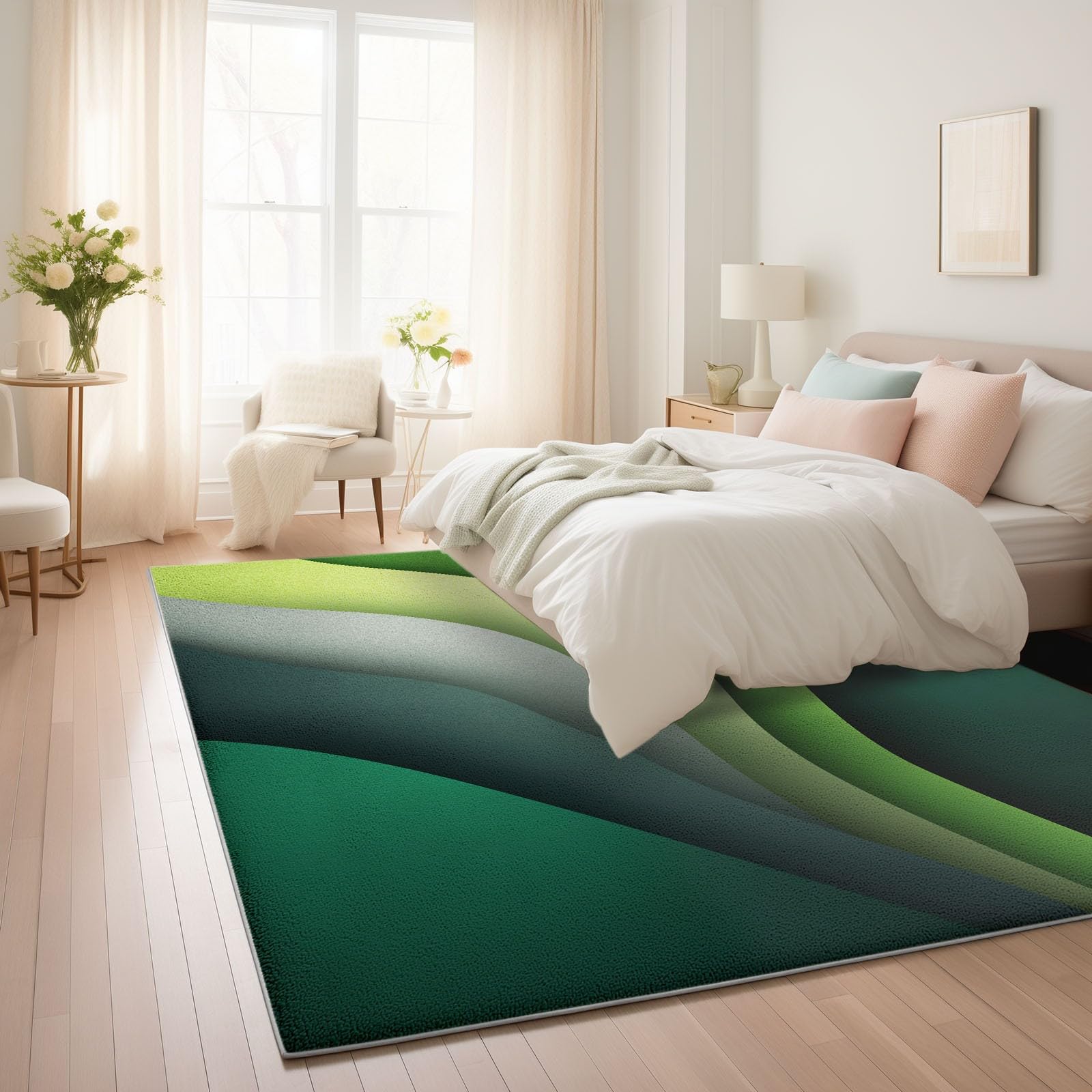 Generisch Weicher Graugrüne Wellen Abstrakt Kurzflor Teppich 120 x 170 cm, Waschbarer Rutschfester Teppiche - Kuschelig Minimalismus Bedruckter Dekoläufer Teppich für Schlafzimmer Bettvorleger Flur