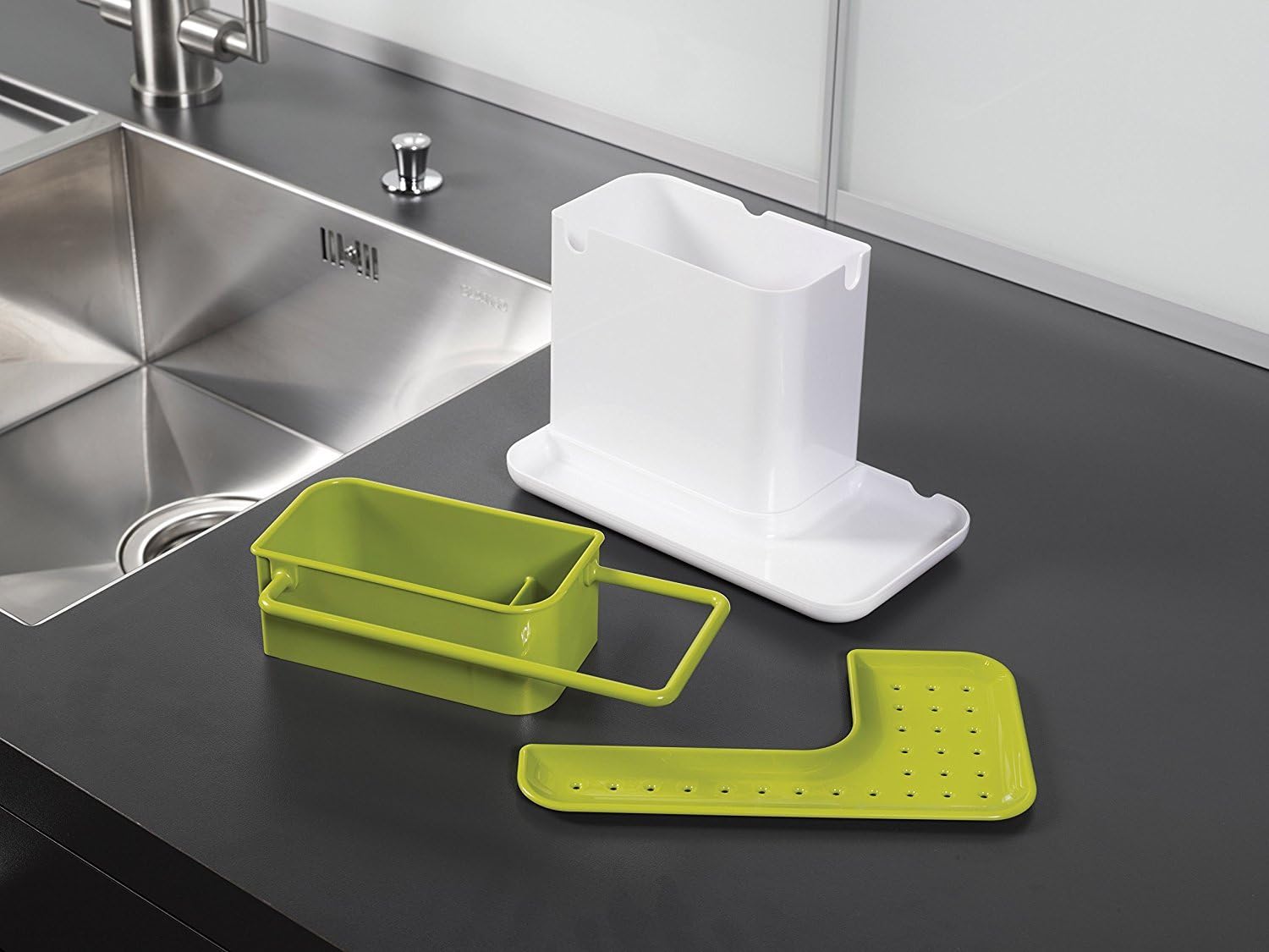 Joseph Joseph 10448 Kitchen Sink Set with Caddy, Edge Dish Brush and C-Pump (Pack of 3), Green/White