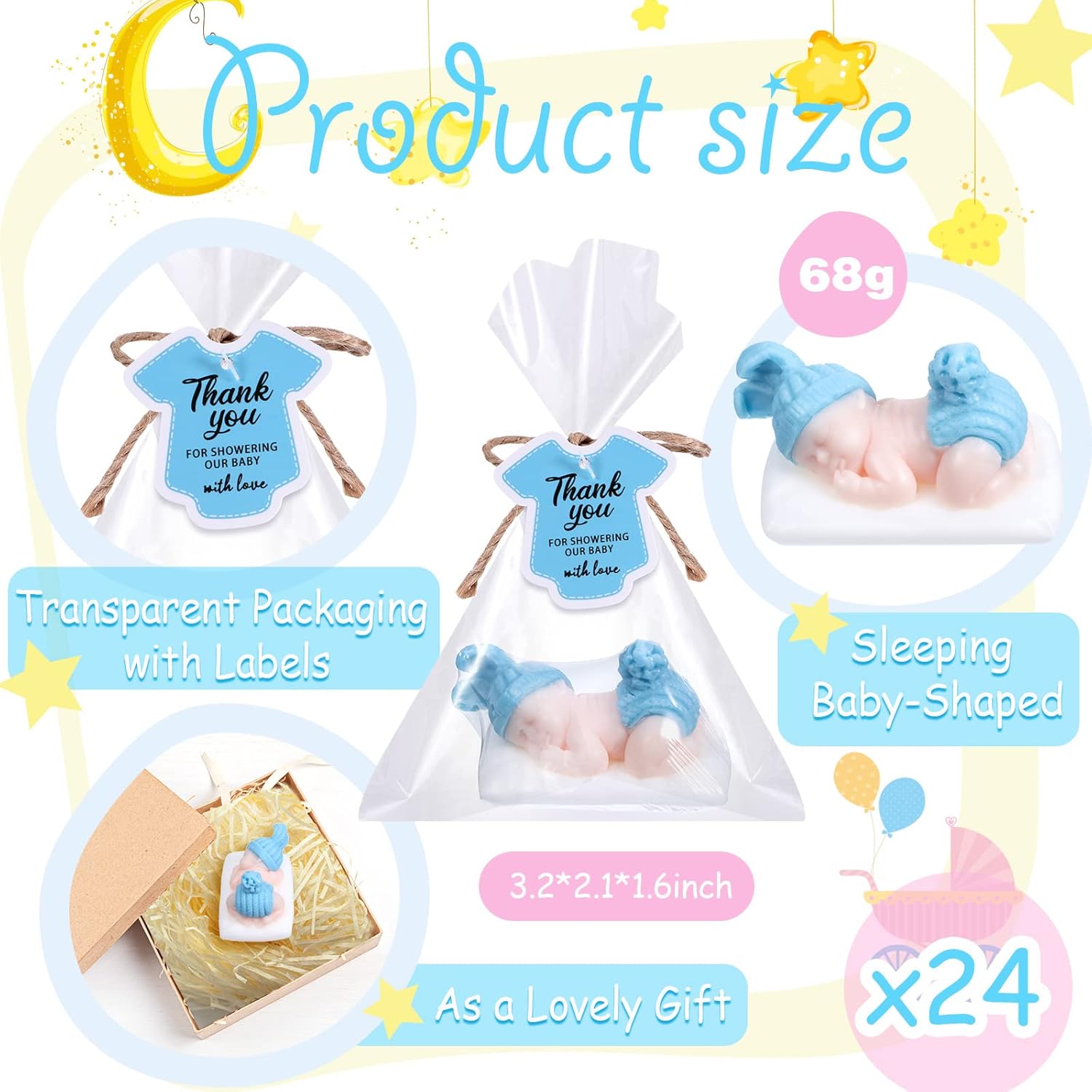 24 Packs Baby Shower Soap Favors Handmade Sleeping Baby Shower Scented Soap with Gift Tags for Guests Girl Boy Favors Decor (Classic Blue)