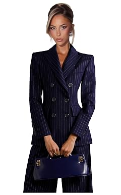 Pinstripe Suits for Women 2 Piece Business Peak Lapel 6 Button Womens Suit Double Vents Women Pants Suit