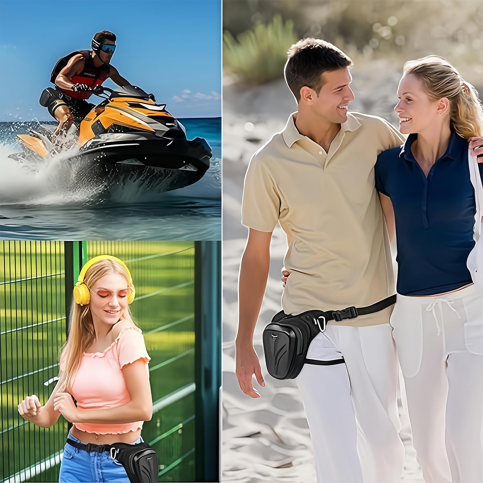 Sac de cuisse de moto extensible avec 3 poches zippées en EVA imperméable pour homme et femme, sangle de taille réglable pour cyclisme, randonnée, pêche, utilisation tactique, sport