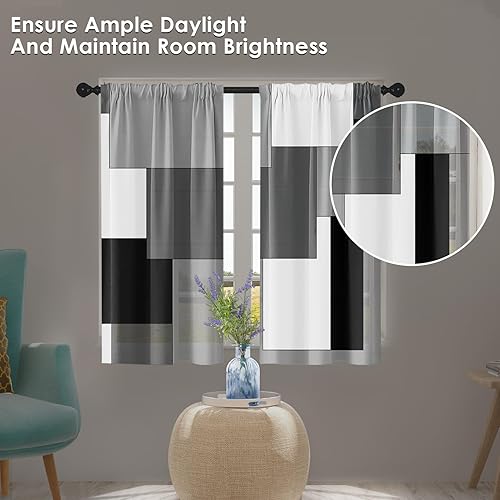 Vista 144 de Cortinas geométricas de cocina negras y grises de 63 pulgadas de largo, juego de 2, cortinas grises y blancas para dormitorio, sala de estar, Gris