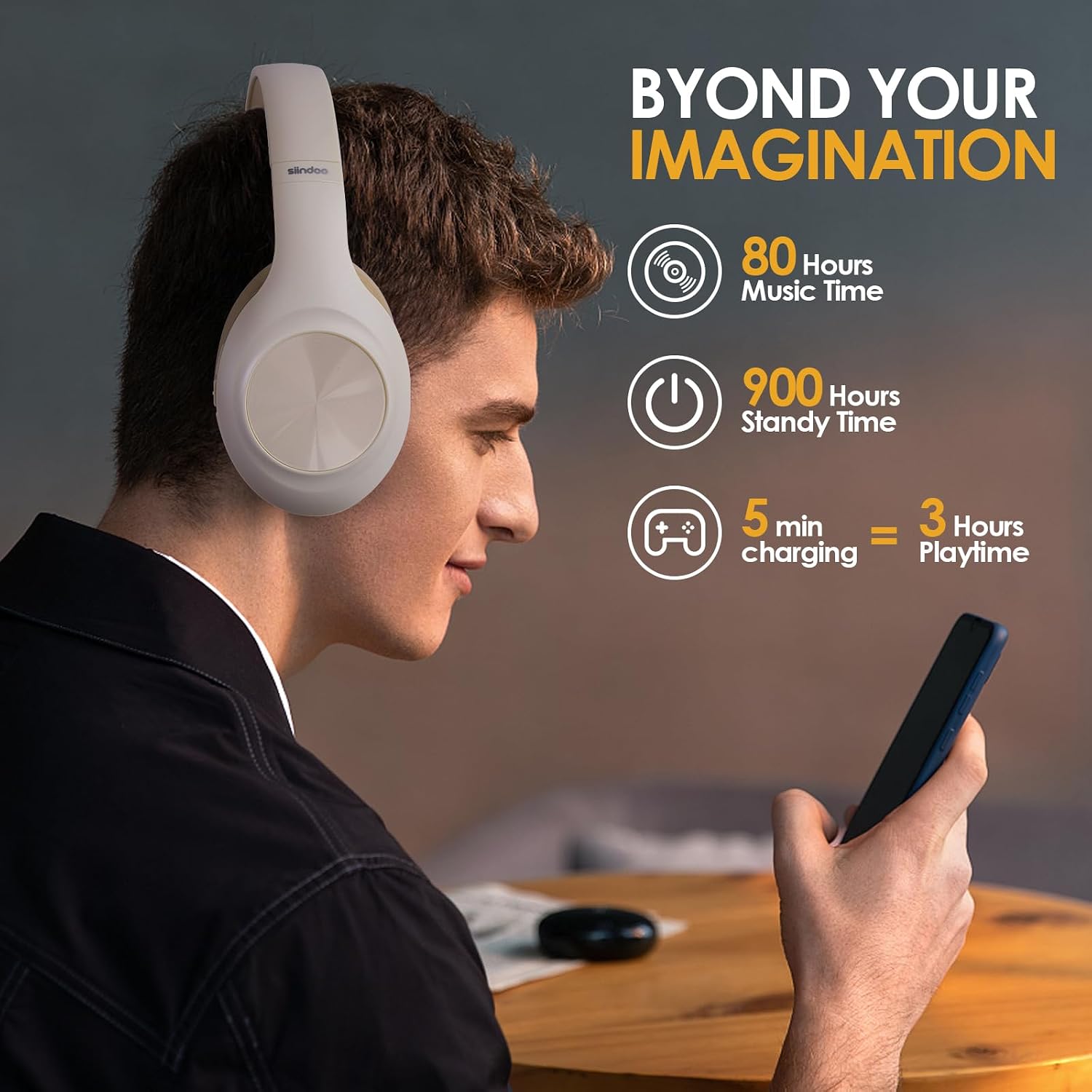 JH-923 Wireless Headphones Over Ear, 65H Playtime, 3EQ Sound Modes, Hi-Res Audio with Deep Bass Microphone,Foldable Lightweight Bluetooth Headphones for Travel/Office/Cellphone/PC (Khaki)