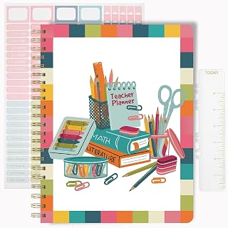 Undated Teacher Planner 8.5 x 11-12 Months & 52 Weeks | Colorful School Supplies Cover | Monthly & Weekly Lesson Plan Book with Stickers, Storage Pocket & Snap-In Bookmark | Classroom Organizer