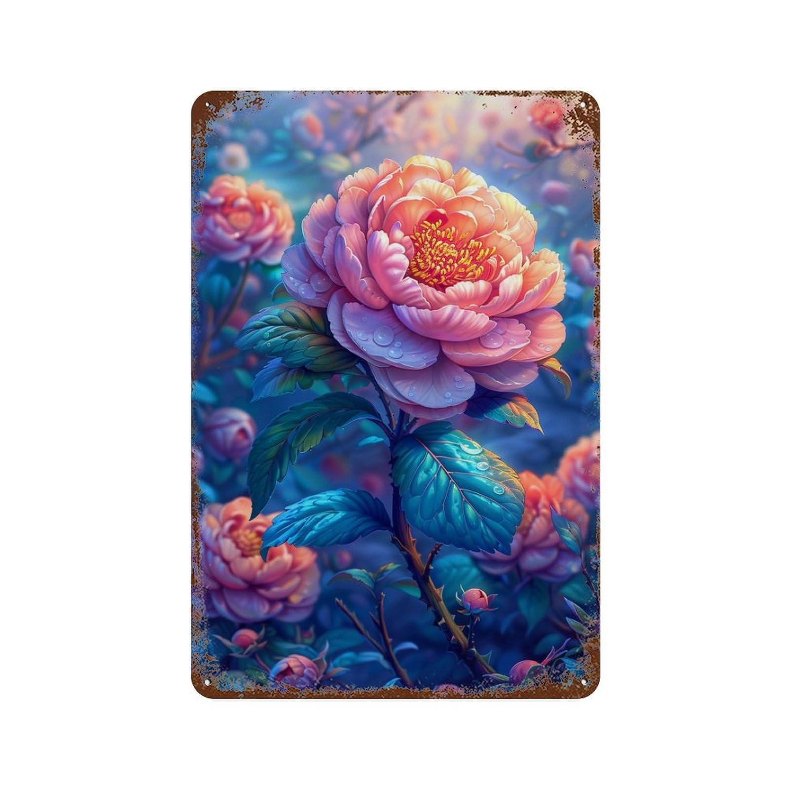 Garage Style Glowing Peony Garden Aged Metal Wall Plaque 11.8"x7.9", Vintage Wall Decor for Bar And Workshop