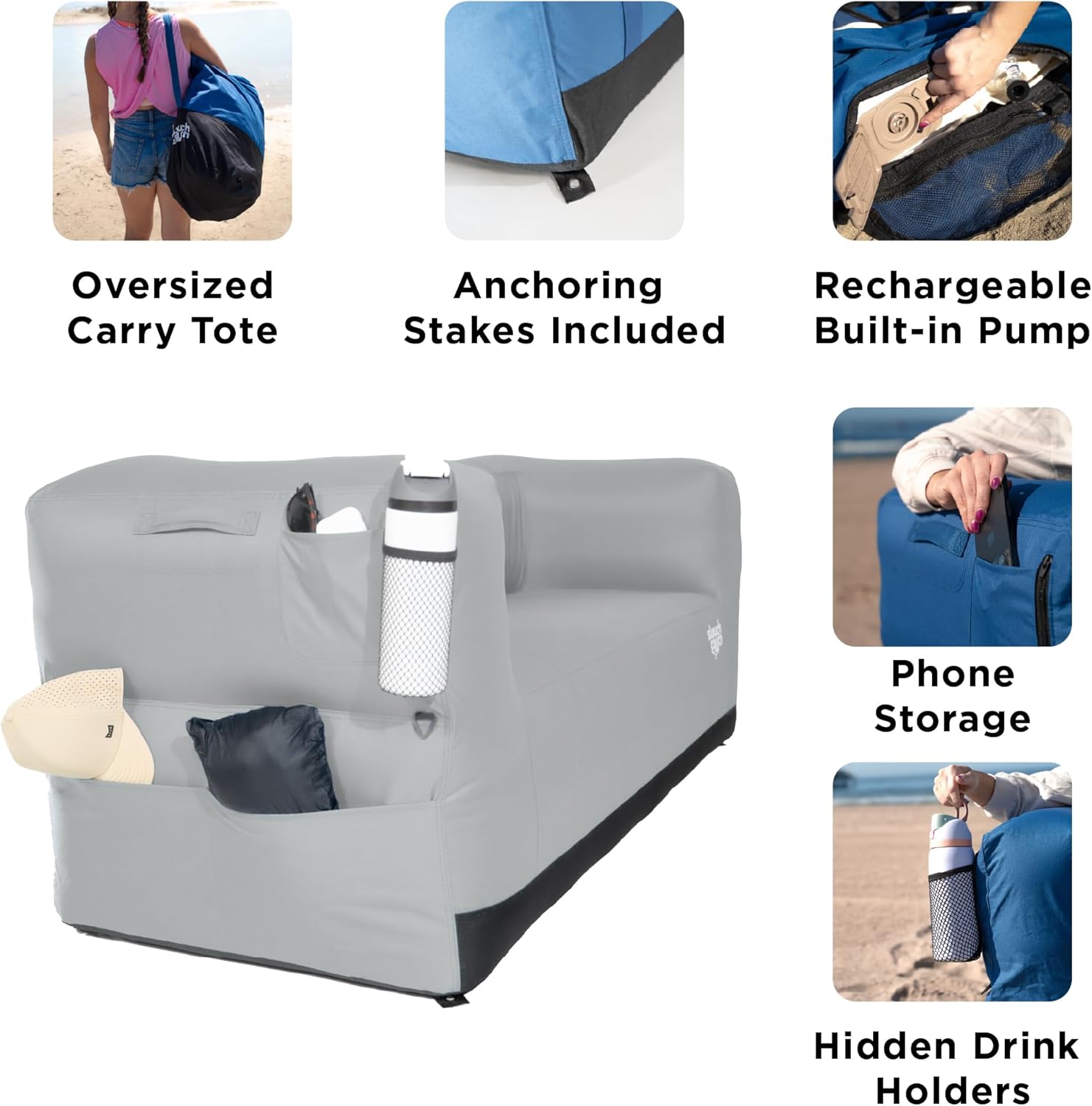 Slouch Couch | Air Sofa with Built-in Pump, Hidden Cup Holders, Storage Pockets | Durable Blow Up Couch with High-Performance Fabric for Camping, Beach, Home & Outdoors (Harbor Gray)
