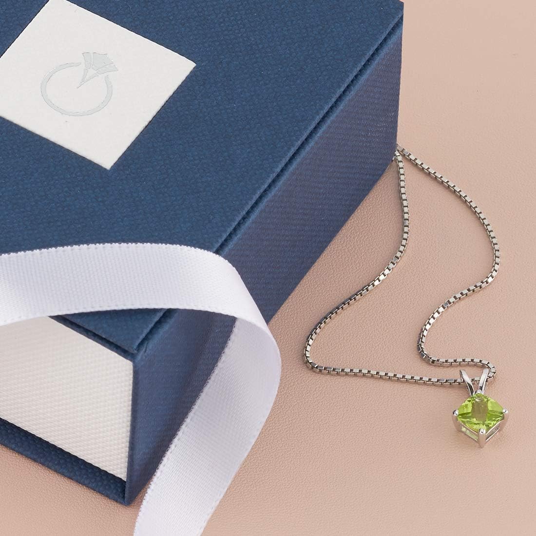 PEORA Solid 14K White Gold Peridot Pendant for Women, Genuine Gemstone Classic Solitaire, Cushion Cut, 6mm, 1 Carat total, Real Gold Peridot Jewelry, August Birthstone Necklace, w/Jewelry Box