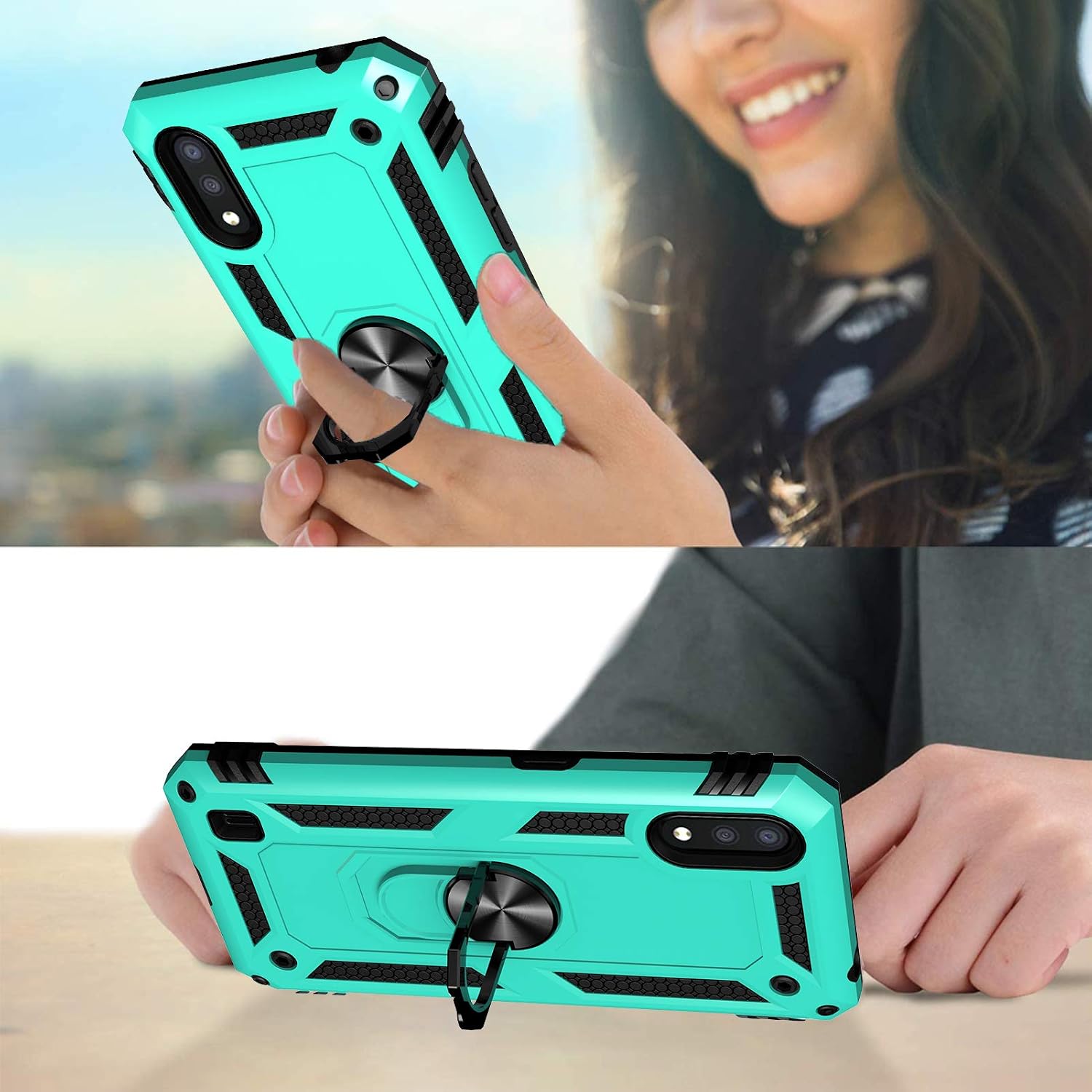 Androgate Samsung Galaxy A01 Case (US Version) with Tempered Glass Screen Protectors, Military-Grade Metal Ring Kickstand 15ft Drop Tested Shockproof Cover for Samsung Galaxy A01 Green