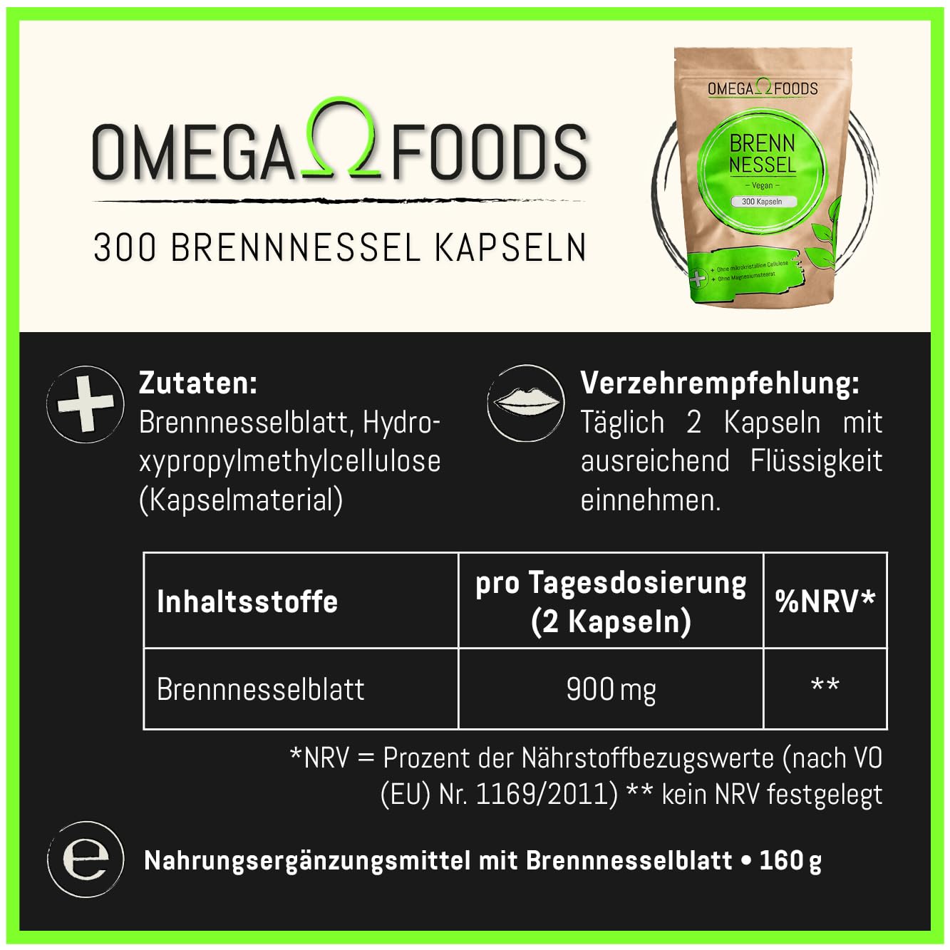 Brennnessel Kapseln - Insgesamt 300 Kapseln - Hochdosierte 900mg je Tagesdosierung - 100% Vegane Brennessel Kapseln - Jede Kapsel mit 450mg Brennessel