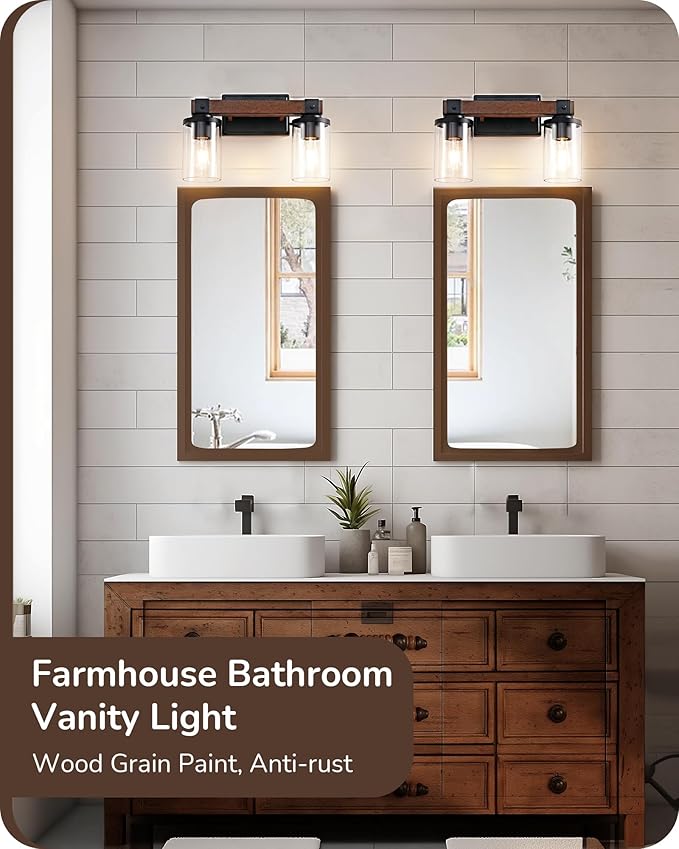EDISHINE EDISHINE Farmhouse Vanity Lights for Bathroom, 2-Light Bathroom Vanity Light Fixtures Over Mirror, Painted Wood Bath Wall Sconces Lamp with Clear Glass Shade for Bedroom, Powder Room photo 3