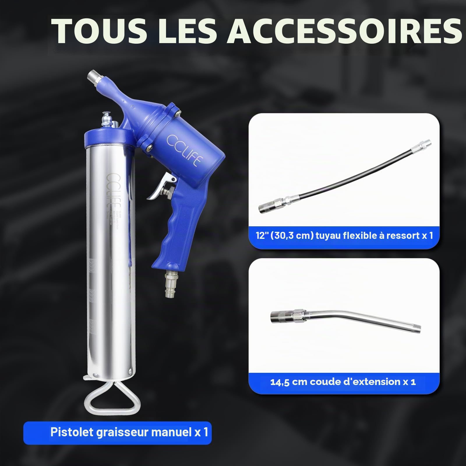 CCLIFE Pompe a graisse pneumatique 6000 PSI Pistolet pompe a graisse manuelle Entrée d'air 1/4' BSP | Pression de travail de 6000 PSI avec raccord BSP de 1/4" pour un dégraissage rapide des véhicules, machines et outils.