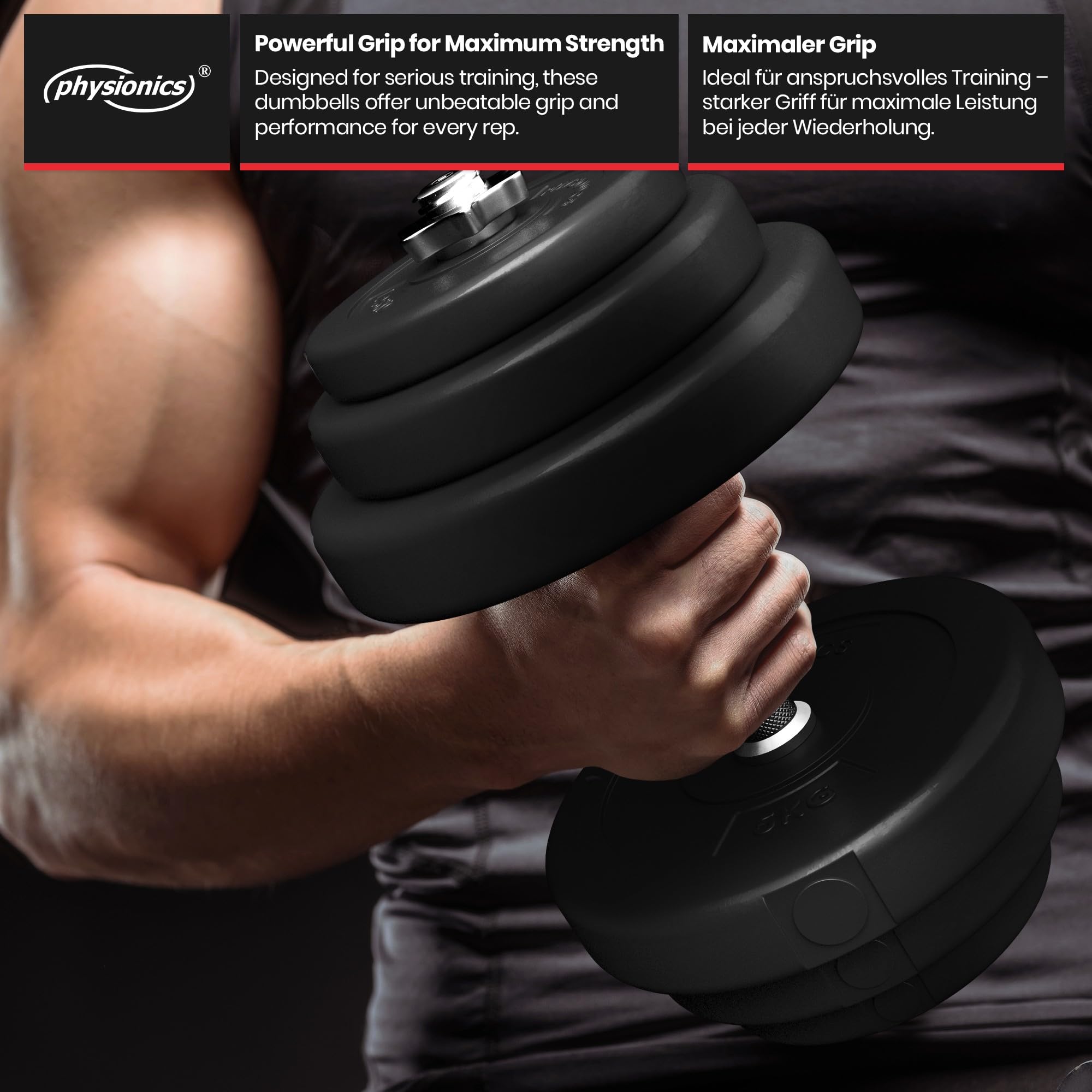 Physionics® Zestaw Krótkich Hantli – 20, 30, 40 Kg, Uchwyt Radełkowany, Ø 25 Mm, Z Tworzywa Sztucznego i Stali, Zaciski Gwiazdowe – Sztangi, Hantle Krótkie, Zestaw Hantli (20 Kg (Drążek Stalowy))