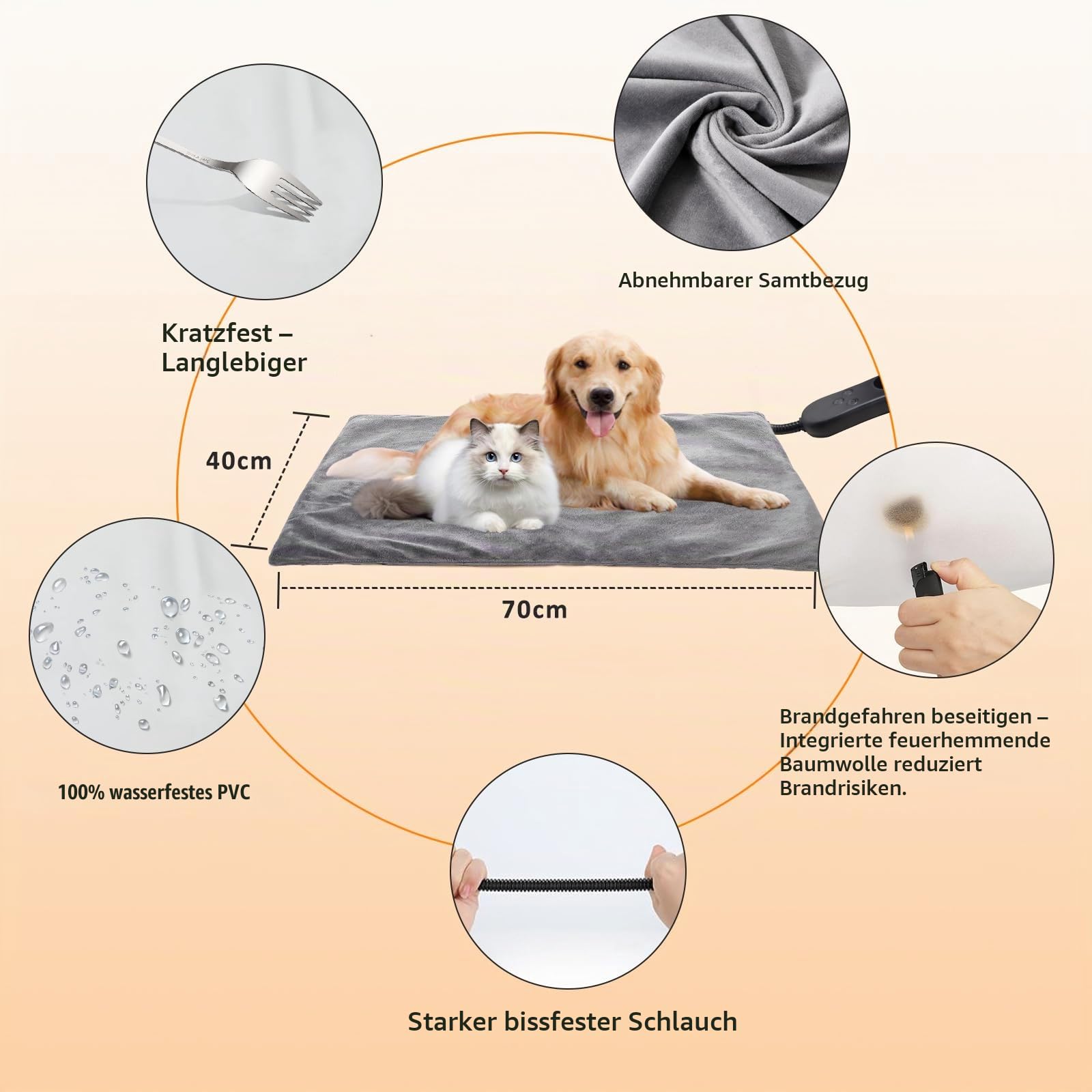 Haustier Heizkissen für Katzen Hunde, 40 * 70cm, 5 einstellbare Timer und 6 einstellbare Temperaturen, Haustier-Heizmatte, wasserdicht, ideal für Welpen/Hunde/Katzen/Kaninchen