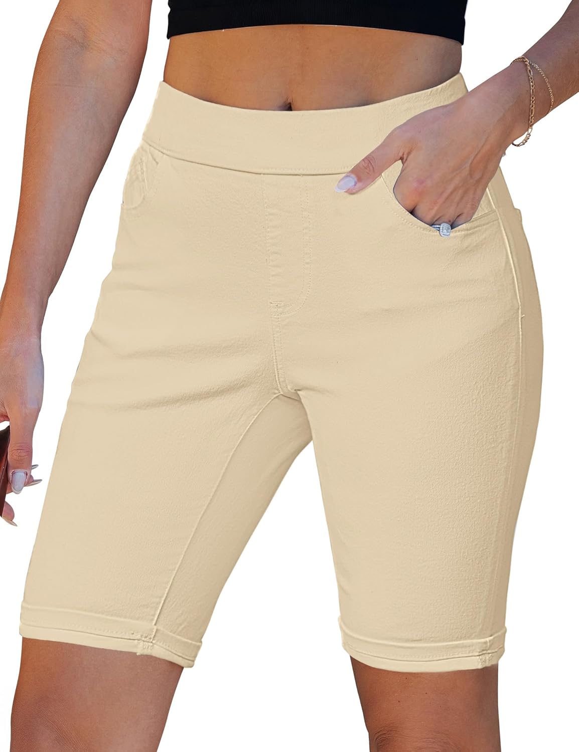 luvamia Bermuda Shorts for Women Jean Pull On Elastic Waist High Waisted Knee Length Fold Hem Stretchy Denim Long Shorts