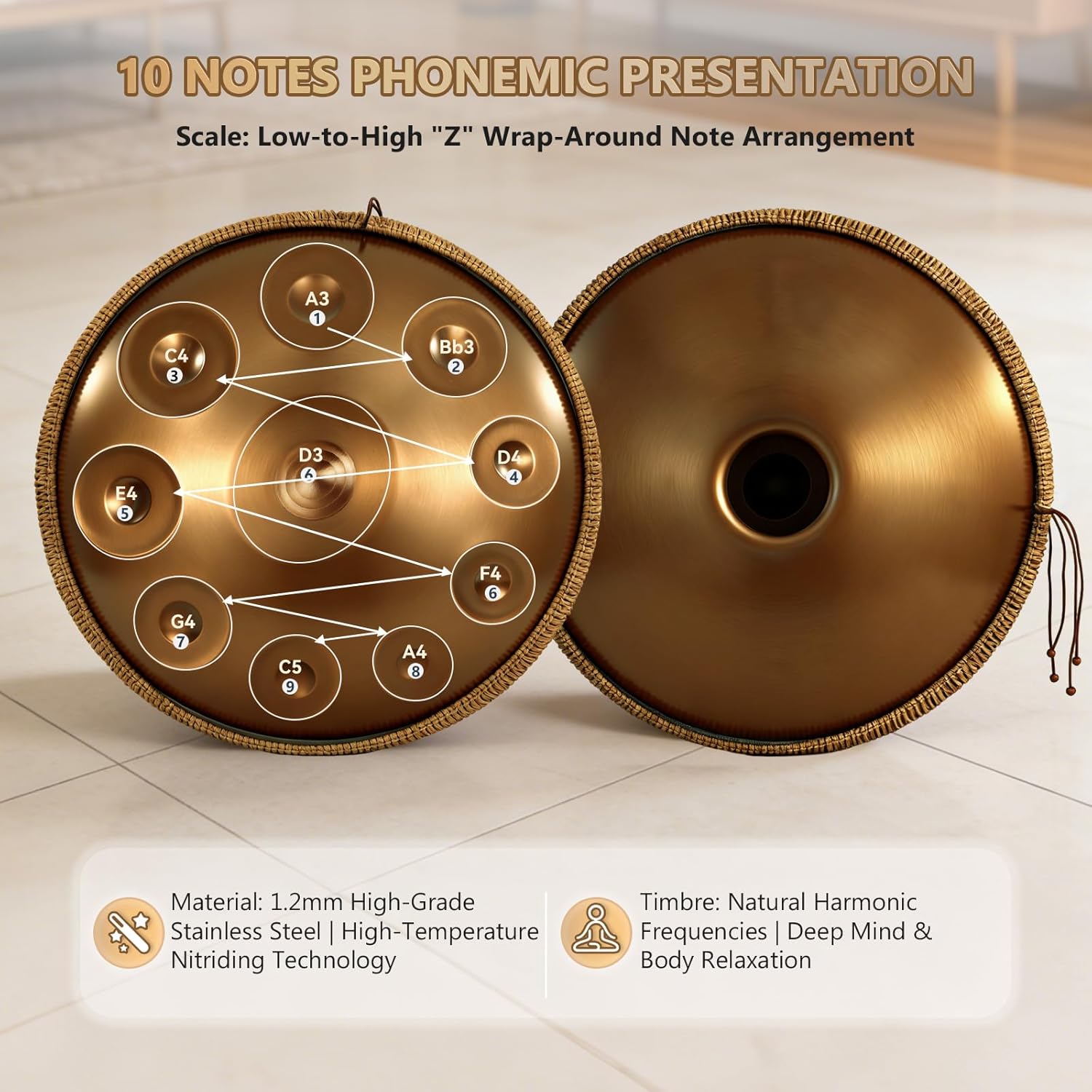 Handpan Drum 22 Inch, 10 Notes Triple-topped Hand Drum Instrument, 432Hz D Minor Kurd Premium Steel Hand Pan Drum for Adults, Complete Kit Includes Carrying Case, Stand, User Manual (Deep Golden)