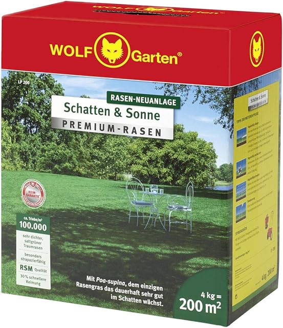 WOLF-Garten WOLF-Garten „Schatten & Sonne“ Premium-Rasen LP 200 (für 200 m², sehr hohe Dichte mit ca. 100.000 Trieben/m2, besonders strapazierfähig, hohe Schattenverträglichkeit, 4kg Faltschachtel) 3820050 — Saat & Dünger