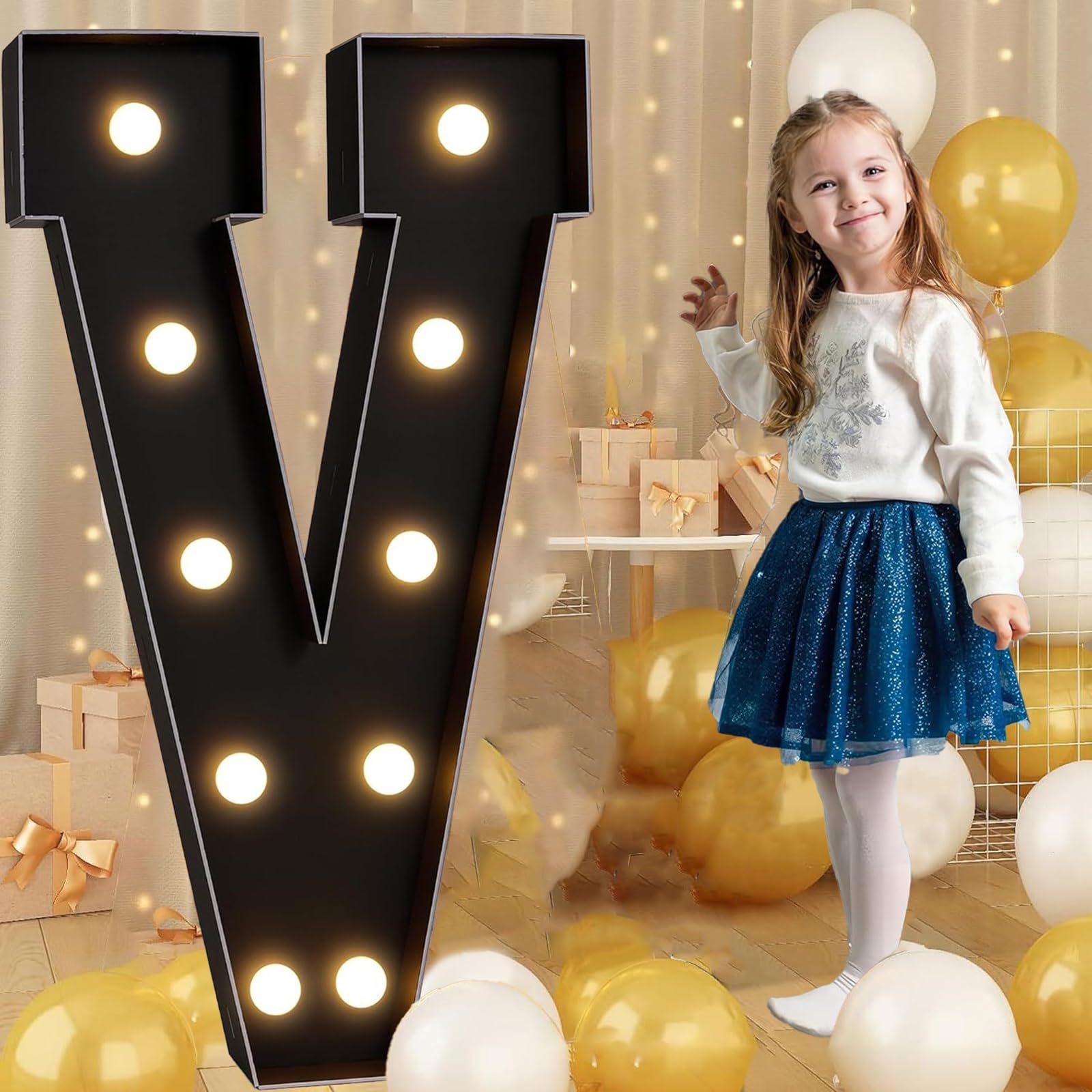 Tashace Marquee Numbers Light Up Letters Black Party Decoration for 1st 16th 18th 21st Birthday Anniversary Backdrop Cardboard Sign Mosaic Balloon Frame(Letter V,120cm/4FT)