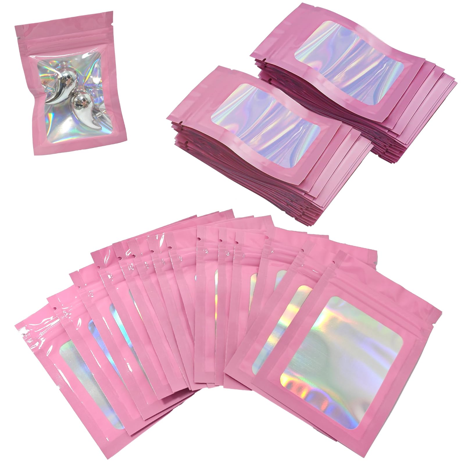 Dalaetus Pink 150 Pcs Foil Ziplock Bags Set, 10 * 7Cm Resealable Mylar Bags, Smell Proof Holographic Pouches For Food, Jewelry(Pink)