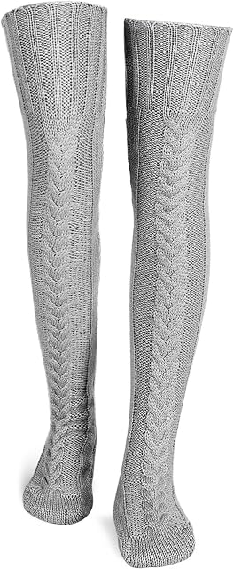 Neer Winter Women Girls High Socks Warm Thigh Knitted Over Knee Socks Long Knee Cable High Socks Leg Warmers for Ladies Boot Stocking for Christmas Gift, Grey