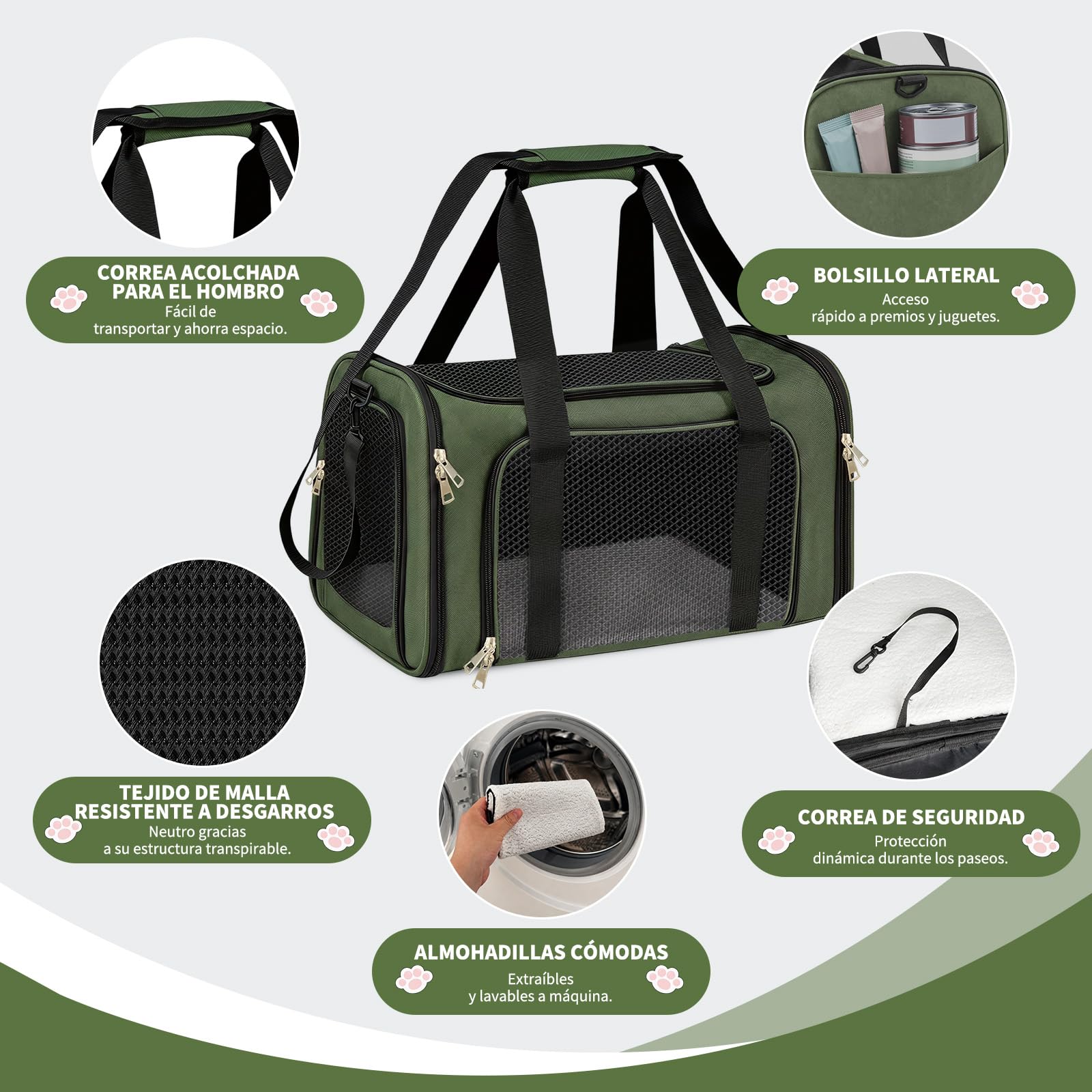 Transportin para Gatos, Transportin para Perros Bolsa, Bolsa Transpirable para Mascotas, Correa Ajustable, Colchon Suave, Soporta 8 kg, para Gatos y Cachorros (Verde, L 43 x A 28 x H 28 cm)