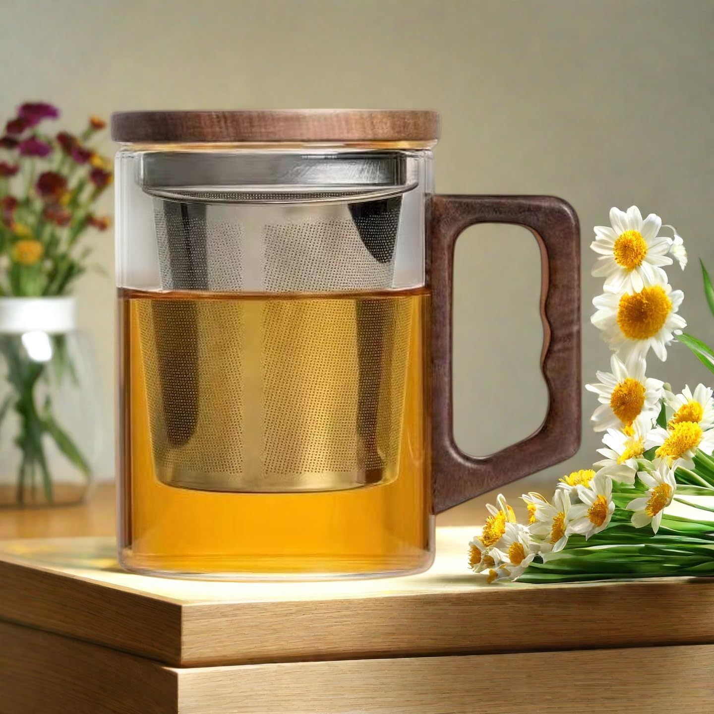 Tea Infuser Mug 400ML/15.5oz，Borosilicate Glass Infusion Mug Dishwasher Safe preferred for birthday gifts