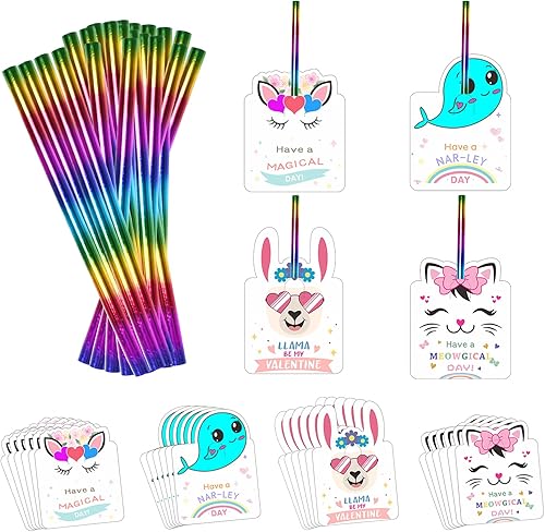 TSIRNK Tarjetas de San Valentín para el aula de niños, paquete de 24 tarjetas del día de San Valentín para la escuela con 24 lápices de arco iris,