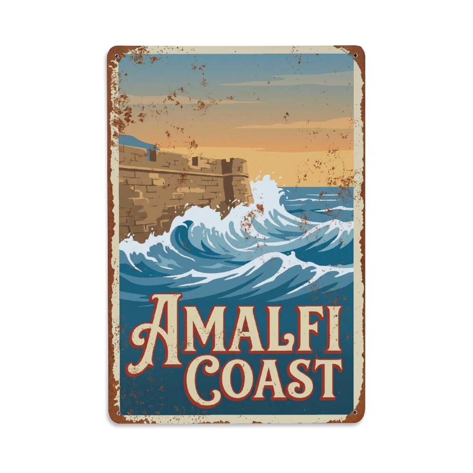 Vintage Travel Seawall Italy Stone Metal Tin Sign